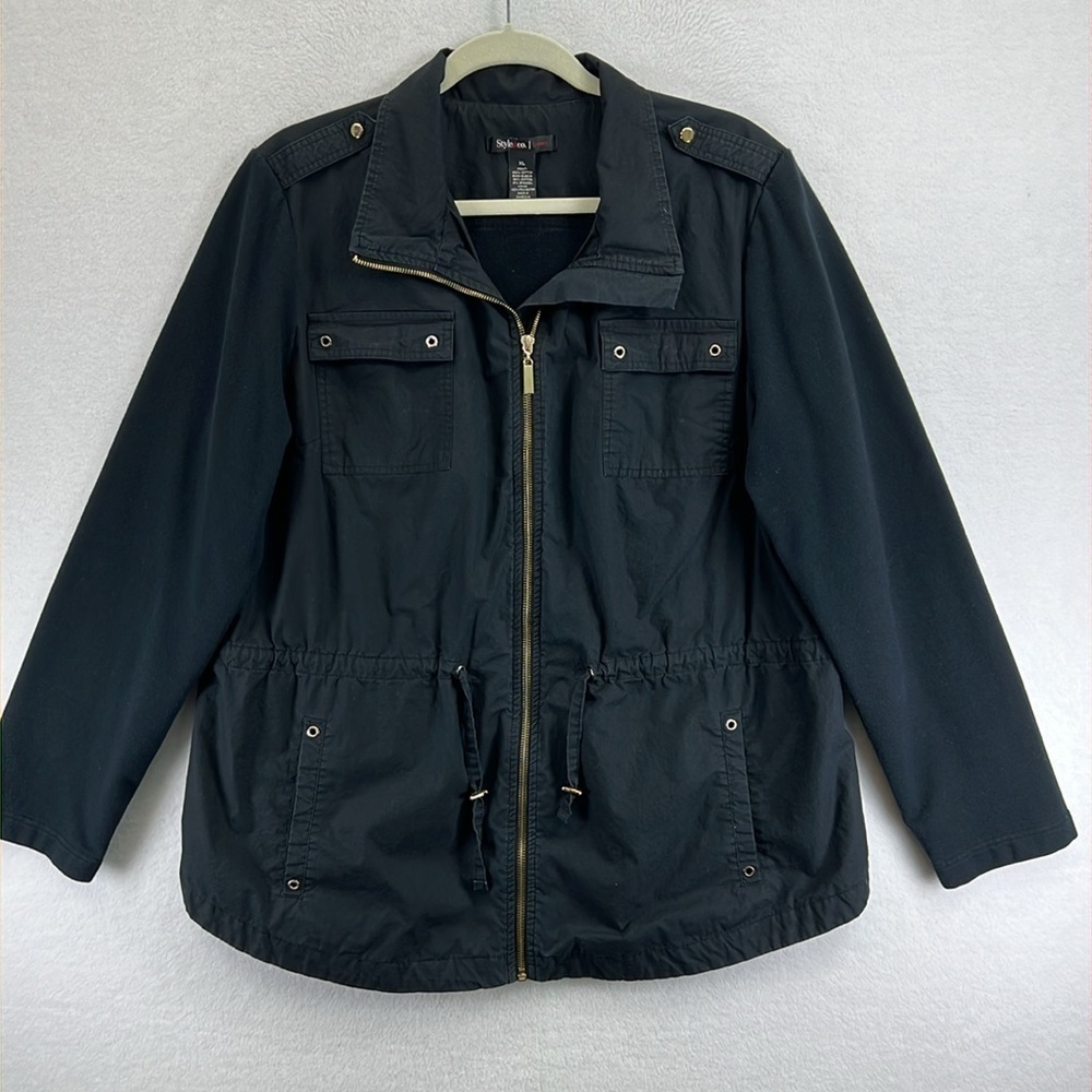 Style & Co Women’s Utility Jacket Size XL Black Mixed Media Lined Front